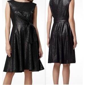 Tahari ASL Women's Black Matte Sequined Side Tie Fit & Flare Dress Size 10 NWT